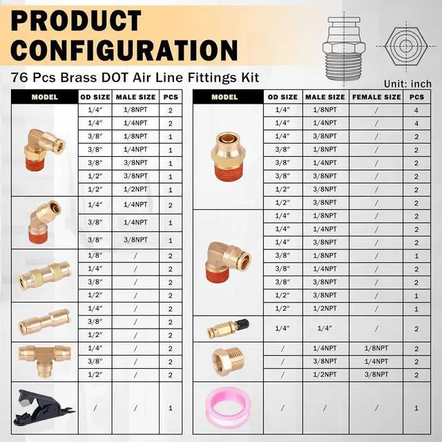 Alt view image 7 of 7 - 76 Pcs Brass DOT Air Line Fittings Kit Push Lock Air Fittings Push to Connect Fittings NPT Thread & Quick Connect Air Hose Fittings for DOT Air Line Air Hose Pneumatic Tubing