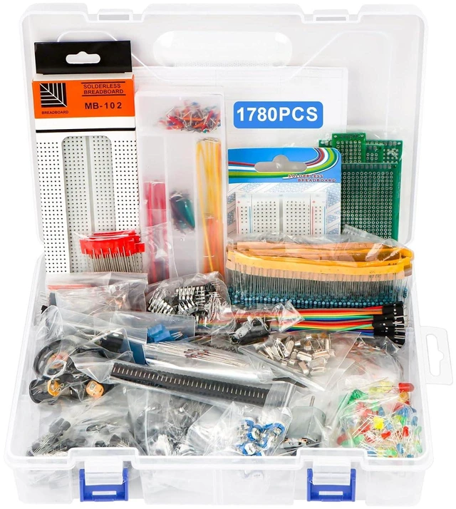 Main image of 1780 Pcs DIY Electronic Component Kit with Resistors, Capacitors, LED Diodes, Transistors, Dupont Wire, Breadboard, PCB, Potentiometer, Triode, IC, Crystal Oscillator, Buzzer, Switch, Motor & Speaker