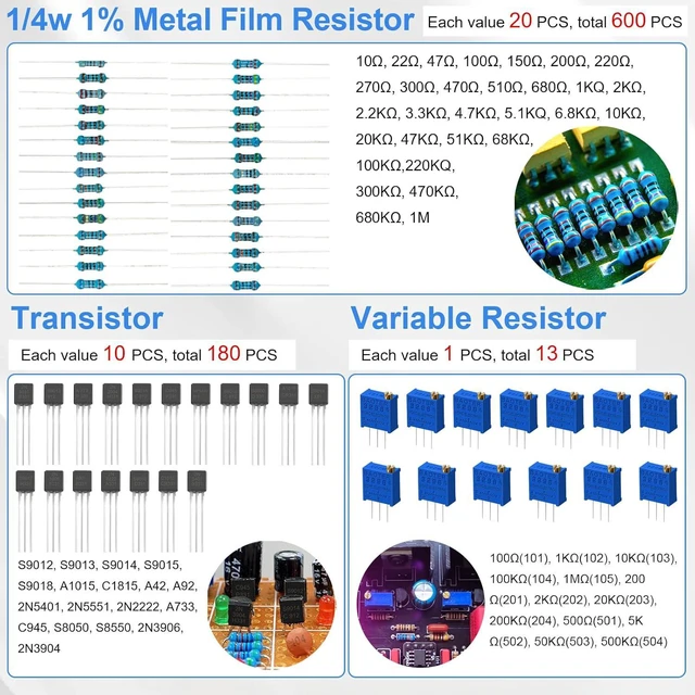 Alt view image 3 of 7 - 1780 Pcs DIY Electronic Component Kit with Resistors, Capacitors, LED Diodes, Transistors, Dupont Wire, Breadboard, PCB, Potentiometer, Triode, IC, Crystal Oscillator, Buzzer, Switch, Motor & Speaker