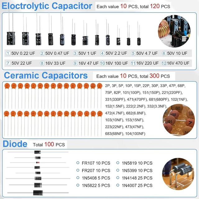 Alt view image 4 of 7 - 1780 Pcs DIY Electronic Component Kit with Resistors, Capacitors, LED Diodes, Transistors, Dupont Wire, Breadboard, PCB, Potentiometer, Triode, IC, Crystal Oscillator, Buzzer, Switch, Motor & Speaker