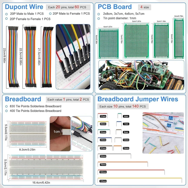 Alt view image 5 of 7 - 1780 Pcs DIY Electronic Component Kit with Resistors, Capacitors, LED Diodes, Transistors, Dupont Wire, Breadboard, PCB, Potentiometer, Triode, IC, Crystal Oscillator, Buzzer, Switch, Motor & Speaker