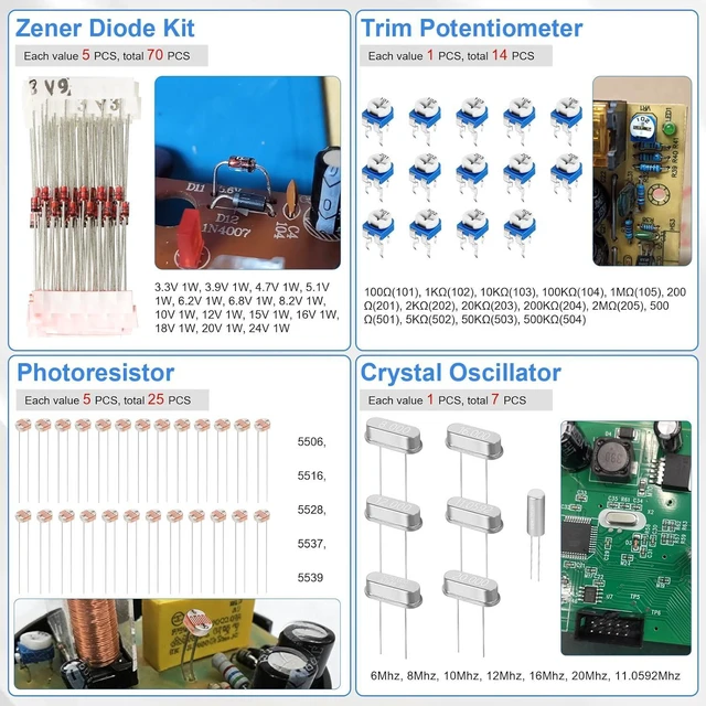 Alt view image 6 of 7 - 1780 Pcs DIY Electronic Component Kit with Resistors, Capacitors, LED Diodes, Transistors, Dupont Wire, Breadboard, PCB, Potentiometer, Triode, IC, Crystal Oscillator, Buzzer, Switch, Motor & Speaker