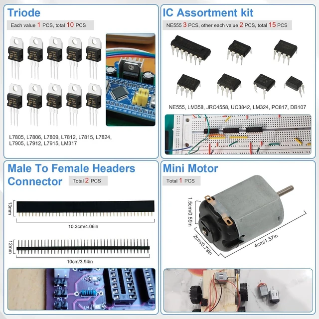 Alt view image 7 of 7 - 1780 Pcs DIY Electronic Component Kit with Resistors, Capacitors, LED Diodes, Transistors, Dupont Wire, Breadboard, PCB, Potentiometer, Triode, IC, Crystal Oscillator, Buzzer, Switch, Motor & Speaker