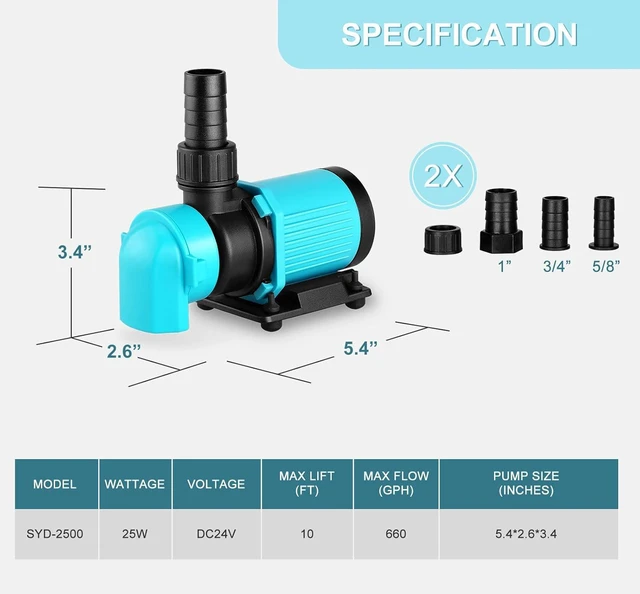 Alt view image 2 of 7 - 660 GPH Aquarium Return Pump with LCD Display Controller, DC 24V 25W 20-Speed ECO Quiet Submersible & Inline Pump for Saltwater, Freshwater & Sump
