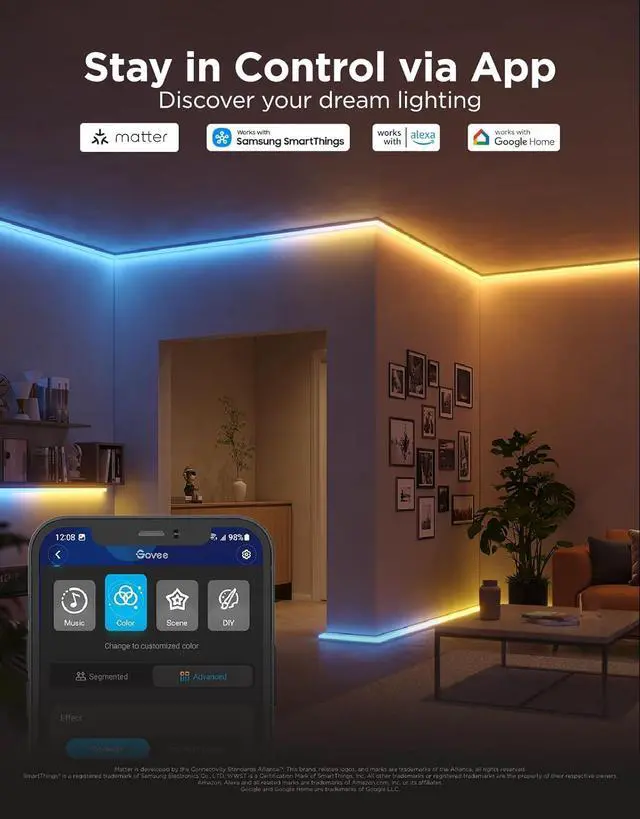 Alt view image 4 of 7 - RGBIC LED Strip Lights 32.8ft with Covers Smart Lights Work with Alexa and Google Assistant LED Diffuser Channel with LED Lights for Bedroom Skirting Lines Studio Cabinet