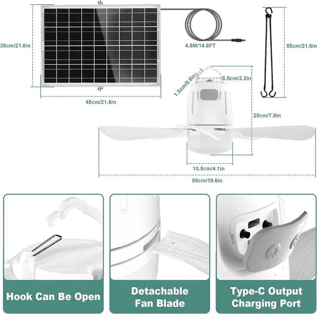Alt view image 7 of 7 - Gliztech Solar Ceiling Fan Light,Portable Gazebo fan with 30W Solar Powered Fan with Remote Control, Outdoor Ceiling Fan with Light for Patios, Canopy, Shed, RV, Porch and Chicken Coop