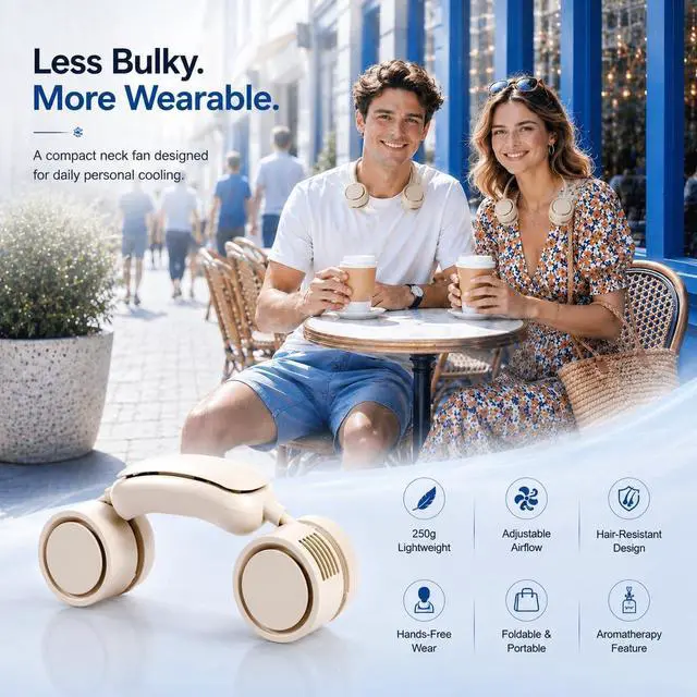 Alt view image 2 of 7 - Cooling Neck Fan with Cooling Plate, Hands-Free Rechargeable | 8.8 oz wearable personal fan, adjustable airflow, 3 speeds, USB rechargeable; ideal for commuting, office and outdoor use