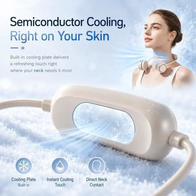Alt view image 3 of 7 - Cooling Neck Fan with Cooling Plate, Hands-Free Rechargeable | 8.8 oz wearable personal fan, adjustable airflow, 3 speeds, USB rechargeable; ideal for commuting, office and outdoor use