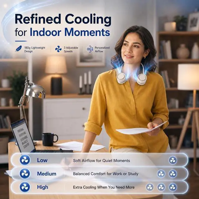 Alt view image 5 of 7 - Cooling Neck Fan with Cooling Plate, Hands-Free Rechargeable | 8.8 oz wearable personal fan, adjustable airflow, 3 speeds, USB rechargeable; ideal for commuting, office and outdoor use