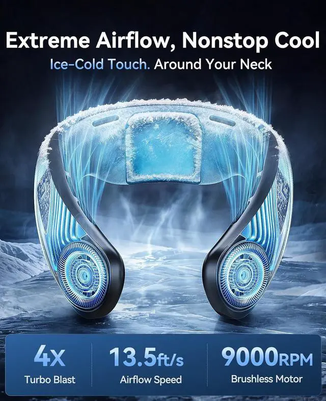 Alt view image 2 of 7 - Neck Air Conditioner, Portable Neck Fan with Large Cooling Area, 100 Speed Settings, 6000mAh Battery, Digital Display, Wearable Fan for Outdoor Work, Office & Travel Black
