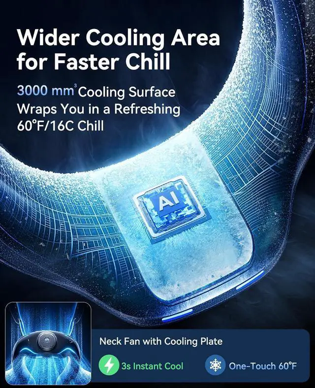 Alt view image 3 of 7 - Neck Air Conditioner, Portable Neck Fan with Large Cooling Area, 100 Speed Settings, 6000mAh Battery, Digital Display, Wearable Fan for Outdoor Work, Office & Travel Black