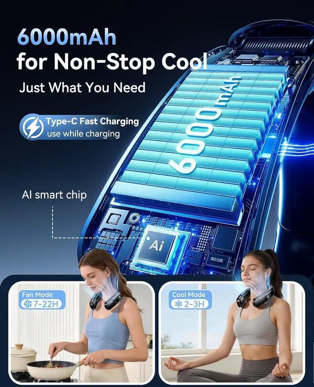 Alt view image 5 of 7 - Neck Air Conditioner, Portable Neck Fan with Large Cooling Area, 100 Speed Settings, 6000mAh Battery, Digital Display, Wearable Fan for Outdoor Work, Office & Travel Black