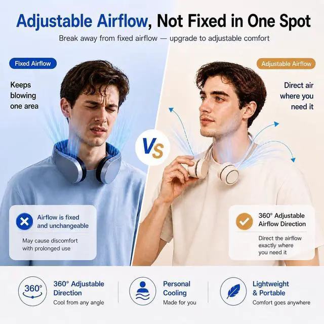 Alt view image 4 of 7 - Cooling Neck Fan with Cooling Plate, Hands-Free Rechargeable | 8.8 oz wearable personal fan, adjustable airflow, 3 speeds, USB rechargeable; ideal for commuting, office and outdoor use
