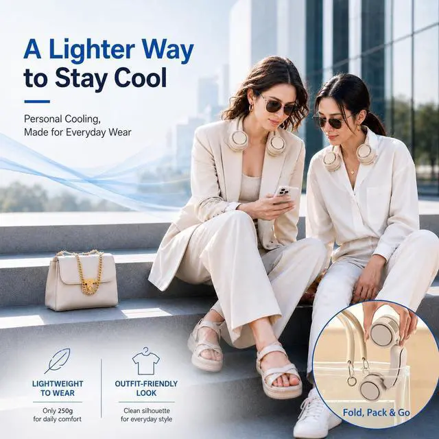 Alt view image 6 of 7 - Cooling Neck Fan with Cooling Plate, Hands-Free Rechargeable | 8.8 oz wearable personal fan, adjustable airflow, 3 speeds, USB rechargeable; ideal for commuting, office and outdoor use