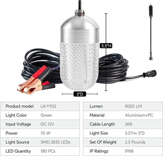 Alt view image 4 of 7 - 70W 9000LM Underwater Fishing Light for Docks, Boats & Kayaks, IP68 Rated