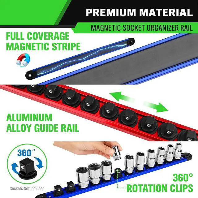 Alt view image 2 of 7 - 8-Piece Magnetic Socket & Bit Organizer Kit, 1/4'' 3/8'' 1/2'' Heavy Duty Socket Holder Holds 80 Clips, Aluminum Sockets Rail for Tool Box Drawer, 1/4'' Slidable Drill Bit Organizer Holds 80 Bits