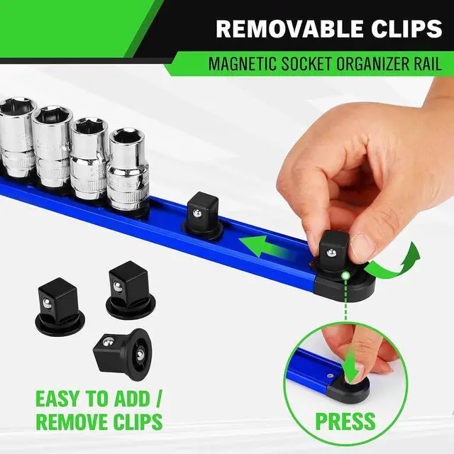 Alt view image 3 of 7 - 8-Piece Magnetic Socket & Bit Organizer Kit, 1/4'' 3/8'' 1/2'' Heavy Duty Socket Holder Holds 80 Clips, Aluminum Sockets Rail for Tool Box Drawer, 1/4'' Slidable Drill Bit Organizer Holds 80 Bits