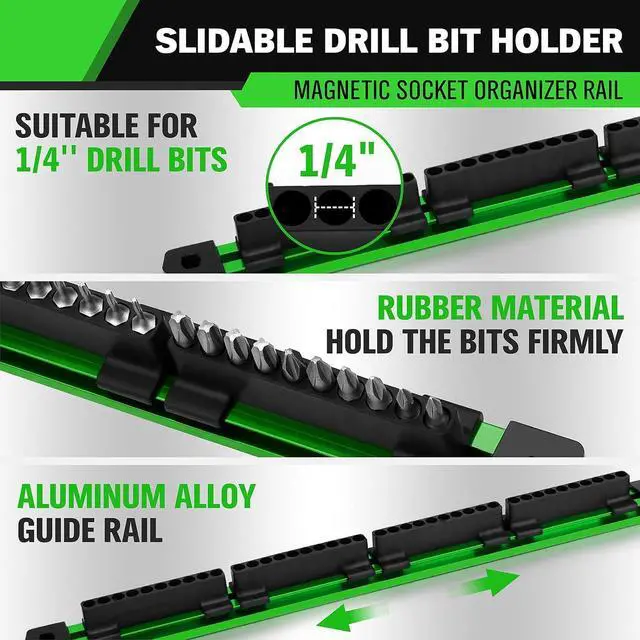 Alt view image 5 of 7 - 8-Piece Magnetic Socket & Bit Organizer Kit, 1/4'' 3/8'' 1/2'' Heavy Duty Socket Holder Holds 80 Clips, Aluminum Sockets Rail for Tool Box Drawer, 1/4'' Slidable Drill Bit Organizer Holds 80 Bits