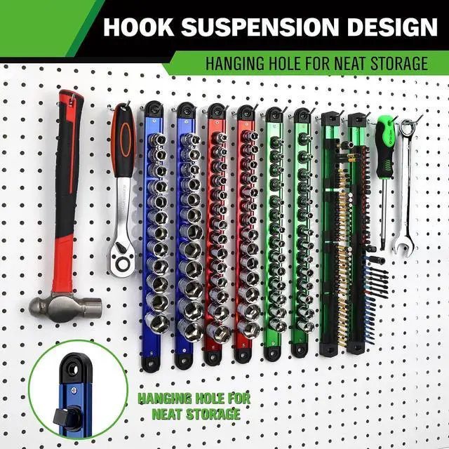 Alt view image 6 of 7 - 8-Piece Magnetic Socket & Bit Organizer Kit, 1/4'' 3/8'' 1/2'' Heavy Duty Socket Holder Holds 80 Clips, Aluminum Sockets Rail for Tool Box Drawer, 1/4'' Slidable Drill Bit Organizer Holds 80 Bits