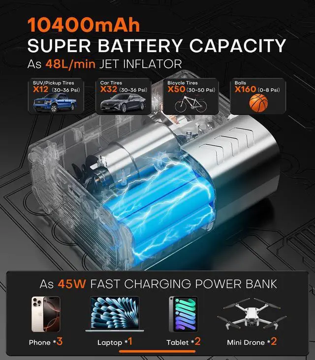 Alt view image 3 of 7 - Tire Inflator Portable Air Compressor, 35s Faster Air Pump with APP, 160PSI 48LPM 10400mAh Electric Tire Pump, 45W Charging, Cordless Tire Inflator for Car SUV Truck Pickup RV