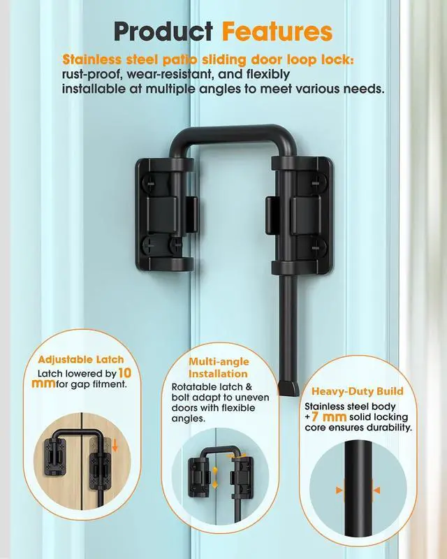 Alt view image 3 of 7 - 2.36 Inch U Patio Sliding Door Loop Lock Latch - Stainless Steel Home Security Loop Bolt Lock for Barn, Garden, Fence Gate, Window - Multi-Angle Installation Option (Black-4 Pcs)