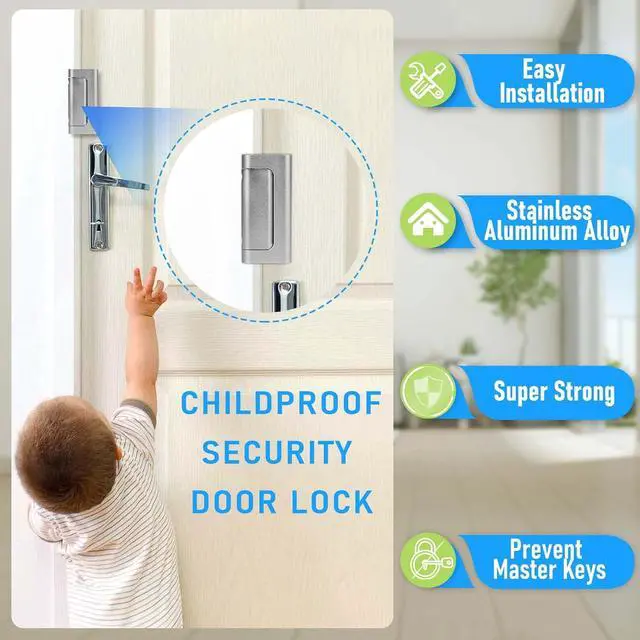Alt view image 3 of 7 - Door Reinforcement Lock, 3PACK Home Security Door Lock Withstands 800 lbs, Childproof Top Door Lock Latch for Toddlers Safety, Inside Night Defender for Inward Swinging Doors