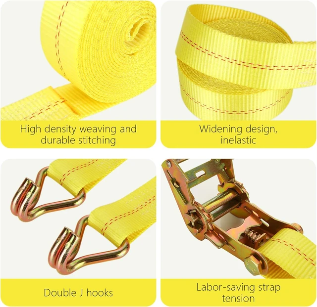 Alt view image 3 of 7 - 4 Pack 2 Inch Ratchet Straps Heavy Duty 20ft Tie Down Straps Ratchet with Double J Hook, 10000 LBS Break Strength, Cargo Ratchet Straps for Moving, Truck, Trailers, Motorcycles, Kayaks, Car Roof