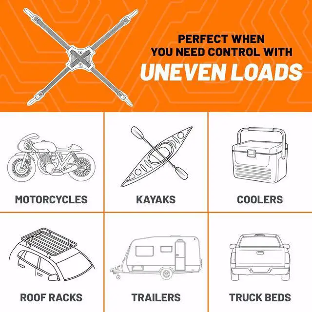 Alt view image 6 of 7 - Tack Strap 4-Way Flat Bungee Cord with Rubber Pad Grip, Non-Slip Tie Down Straps for Motorcycle, ATV, Kayak, Cycling, Camping, Truck Storage, Adjustable Bungee Cords - 2 Pack (Orange)