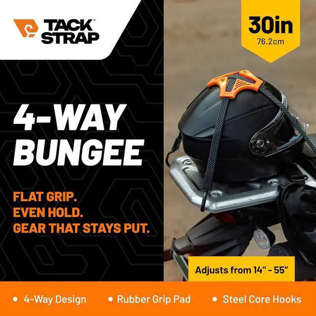 Alt view image 2 of 7 - Tack Strap 4-Way Flat Bungee Cord with Rubber Pad Grip, Non-Slip Tie Down Straps for Motorcycle, ATV, Kayak, Cycling, Camping, Truck Storage, Adjustable Bungee Cords - 2 Pack (Orange)