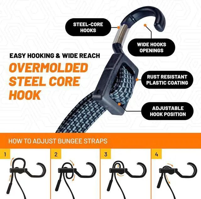 Alt view image 3 of 7 - Tack Strap 4-Way Flat Bungee Cord with Rubber Pad Grip, Non-Slip Tie Down Straps for Motorcycle, ATV, Kayak, Cycling, Camping, Truck Storage, Adjustable Bungee Cords - 2 Pack (Orange)