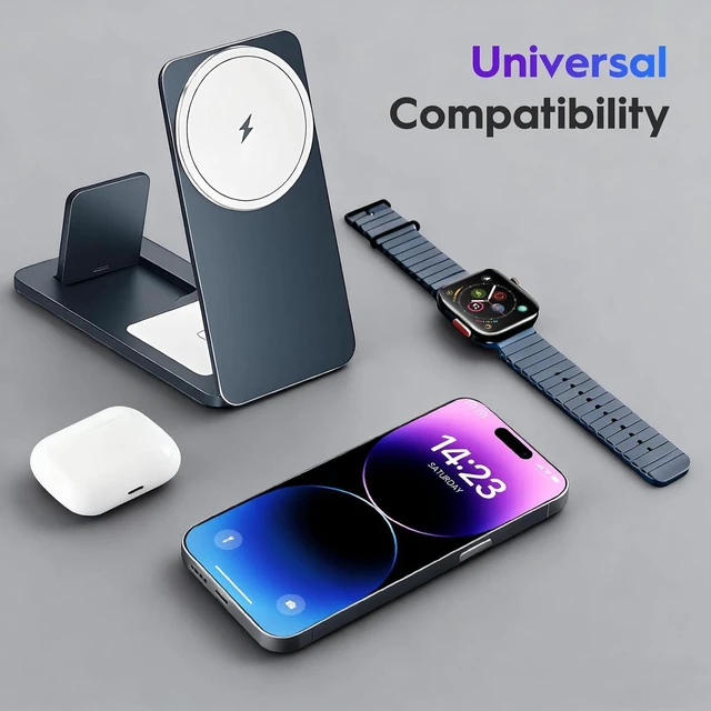 Alt view image 2 of 5 - 3-in-1 Wireless Charging Station, Foldable Magnetic Charger Stand Compatible with iPhone, Watch, Earphone, 15W Fast Charging, Portable Travel Dock