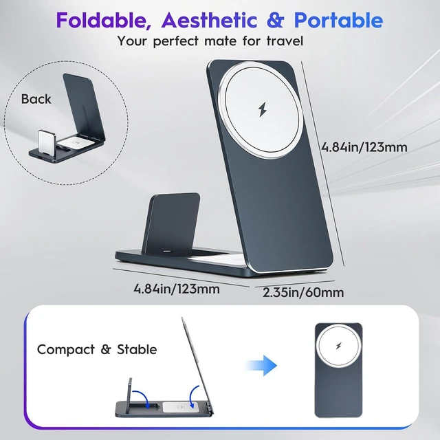 Alt view image 3 of 5 - 3-in-1 Wireless Charging Station, Foldable Magnetic Charger Stand Compatible with iPhone, Watch, Earphone, 15W Fast Charging, Portable Travel Dock