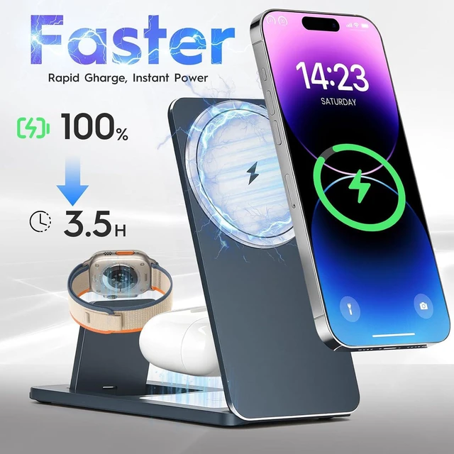Alt view image 4 of 5 - 3-in-1 Wireless Charging Station, Foldable Magnetic Charger Stand Compatible with iPhone, Watch, Earphone, 15W Fast Charging, Portable Travel Dock