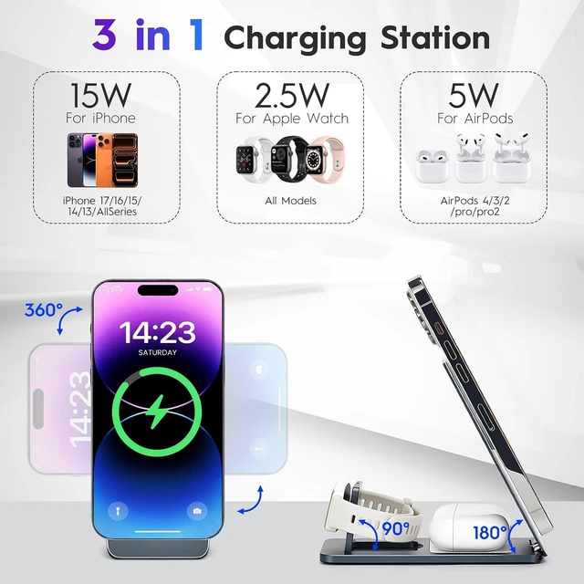 Alt view image 5 of 5 - 3-in-1 Wireless Charging Station, Foldable Magnetic Charger Stand Compatible with iPhone, Watch, Earphone, 15W Fast Charging, Portable Travel Dock