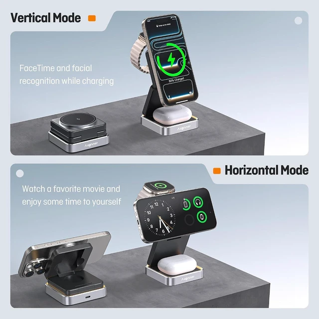 Alt view image 7 of 7 - 3 in 1 Wireless Charging Station for Devices Foldable Travel Magnetic Wireless Charger Stand for Magsafe with Night Light for iPhone 17/16/15/14/13/12 Watch & AirPods