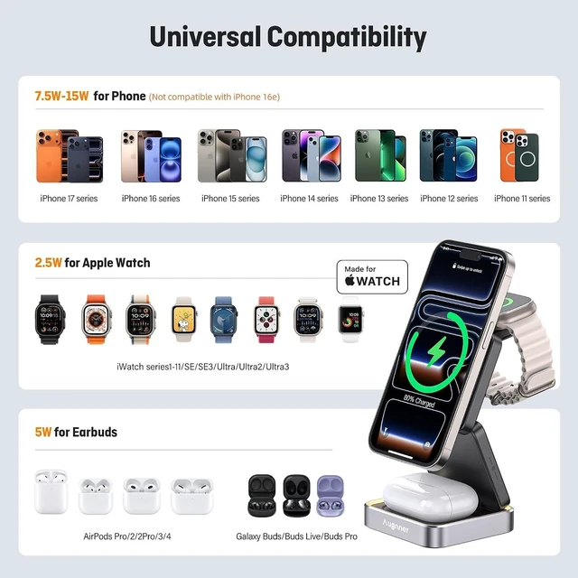 Alt view image 5 of 7 - 3 in 1 Wireless Charging Station for Devices Foldable Travel Magnetic Wireless Charger Stand for Magsafe with Night Light for iPhone 17/16/15/14/13/12 Watch & AirPods