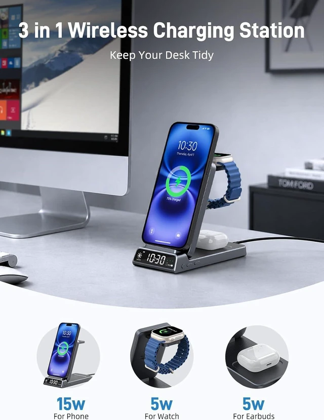 Alt view image 2 of 7 - 3 in 1 Charging Station for , Travel Wireless Charger with Clock