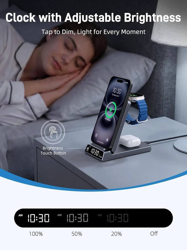 Alt view image 5 of 7 - 3 in 1 Charging Station for , Travel Wireless Charger with Clock