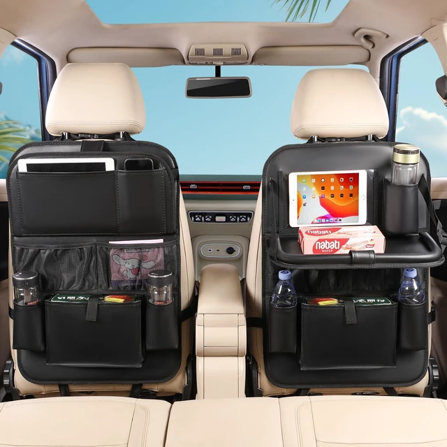 Alt view image 2 of 7 - 2PACK Leather Car Backseat Organizer with Tablet Holder - 9 Large Storage Pockets, Foldable Food Tray & Anti-Scratch Kick Mats - Universal Car Seat Protector for Kids, Pets & Travel Accessories