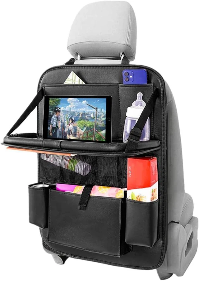 Alt view image 4 of 7 - 2PACK Leather Car Backseat Organizer with Tablet Holder - 9 Large Storage Pockets, Foldable Food Tray & Anti-Scratch Kick Mats - Universal Car Seat Protector for Kids, Pets & Travel Accessories