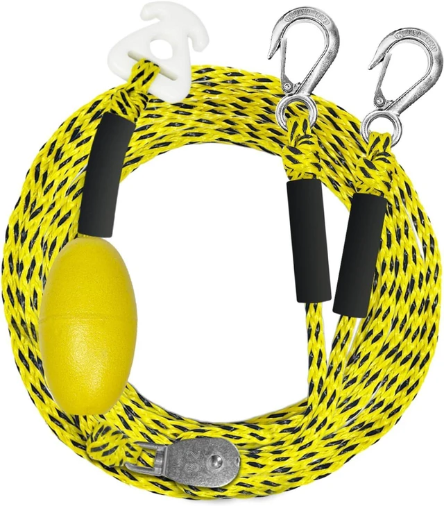 Main image of Heavy Duty Boat Tow Harness for Tubing, Self Centering Tow Harness, 360° Rotating Pulley & Large Hooks Floating Tube Rope for Pontoon, Ski, Wakeboard 12/16/24ft (Red/Yellow-Black Dot)