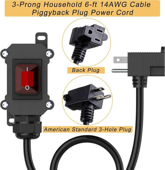 Alt view image 2 of 6 - Inline Cord Switch with 16.5ft 14AWG Cable Piggyback Plug(3-Pronged), IP67 Waterproof Switched Extension Cord, AC/DC 20A-125V, 16A-250V Inline Power Switch (16.5FT)