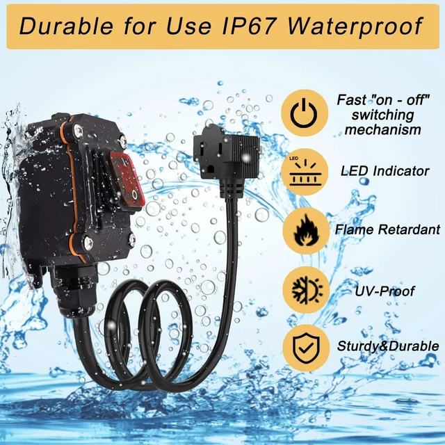 Alt view image 4 of 6 - Inline Cord Switch with 16.5ft 14AWG Cable Piggyback Plug(3-Pronged), IP67 Waterproof Switched Extension Cord, AC/DC 20A-125V, 16A-250V Inline Power Switch (16.5FT)