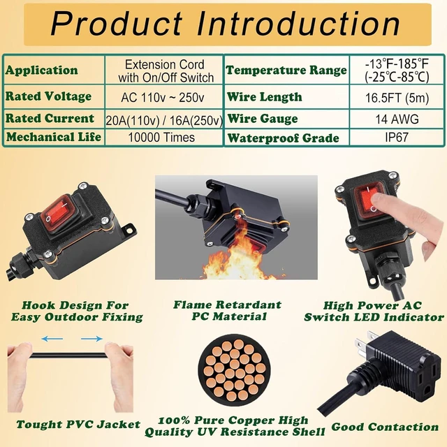 Alt view image 6 of 6 - Inline Cord Switch with 16.5ft 14AWG Cable Piggyback Plug(3-Pronged), IP67 Waterproof Switched Extension Cord, AC/DC 20A-125V, 16A-250V Inline Power Switch (16.5FT)