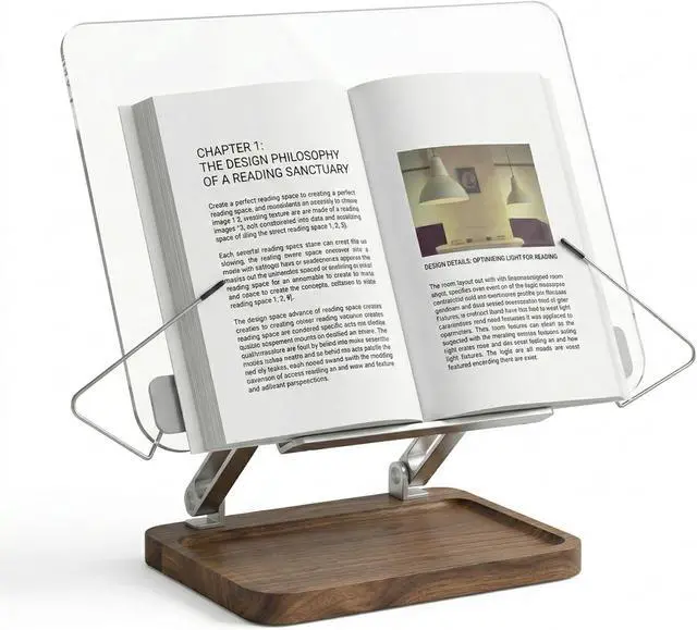 Main image of Acrylic Book Stand with Walnut Storage & Elastic Clips | Adjustable Desktop Holder, Supports Cookbooks, Magazines, Tablets and Laptops