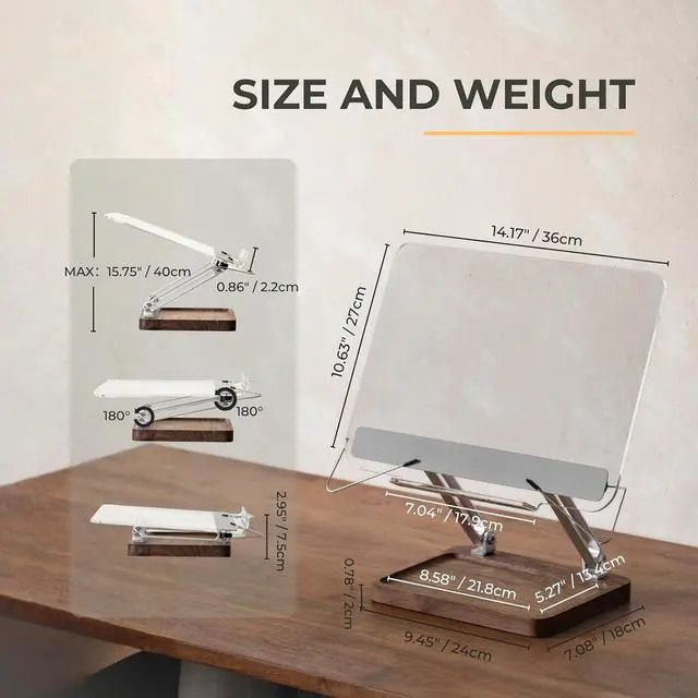 Alt view image 2 of 7 - Acrylic Book Stand with Walnut Storage & Elastic Clips | Adjustable Desktop Holder, Supports Cookbooks, Magazines, Tablets and Laptops