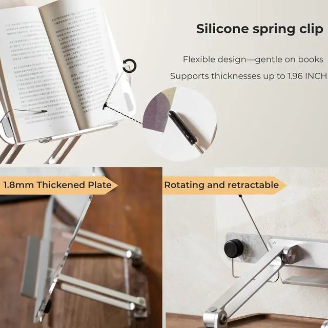 Alt view image 4 of 7 - Acrylic Book Stand with Walnut Storage & Elastic Clips | Adjustable Desktop Holder, Supports Cookbooks, Magazines, Tablets and Laptops