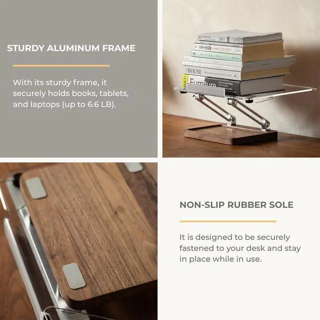 Alt view image 5 of 7 - Acrylic Book Stand with Walnut Storage & Elastic Clips | Adjustable Desktop Holder, Supports Cookbooks, Magazines, Tablets and Laptops