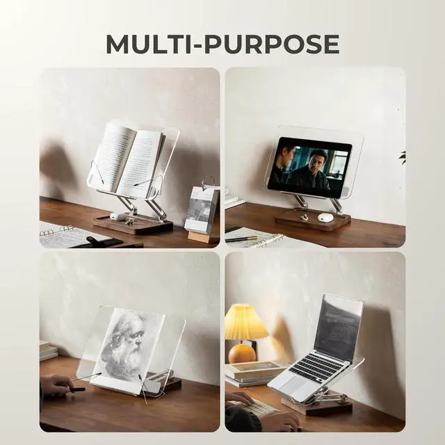 Alt view image 6 of 7 - Acrylic Book Stand with Walnut Storage & Elastic Clips | Adjustable Desktop Holder, Supports Cookbooks, Magazines, Tablets and Laptops