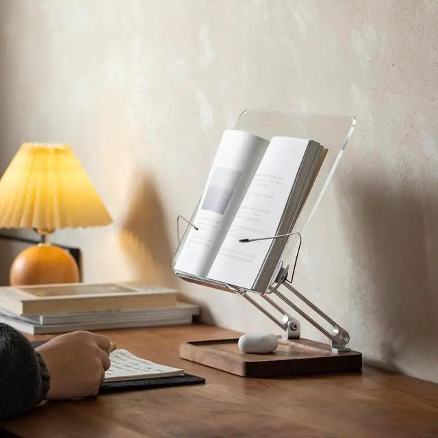 Alt view image 7 of 7 - Acrylic Book Stand with Walnut Storage & Elastic Clips | Adjustable Desktop Holder, Supports Cookbooks, Magazines, Tablets and Laptops